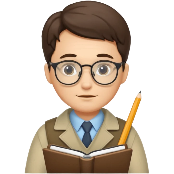 A scholarly explorer with notepad, glasses, and calm analytical demo.
 emoji