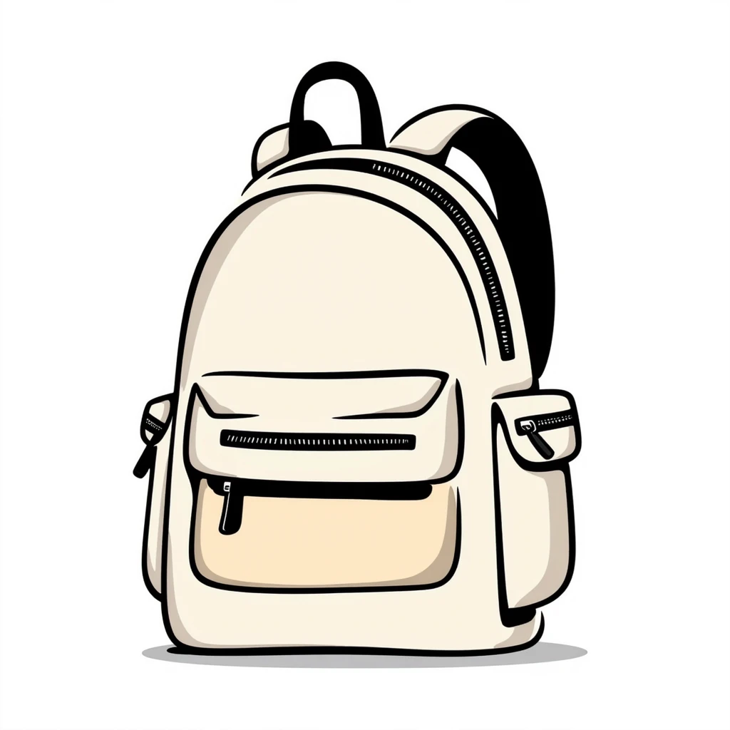 a backpack with pockets, zippers, and straps, in pastel colors dd9fb0, ffc6d3, a3bfc9, c4bee2, f1b091, detailed hand-drawn doodle style emoji
