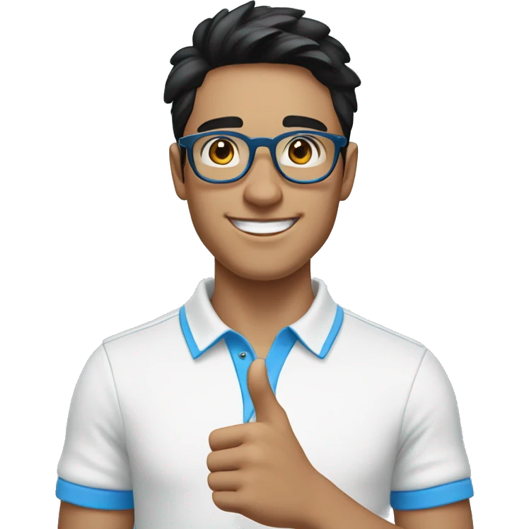 happy young man in his 20s, with black hair, blue eyes and light blue round glasses, white polo shirt with blue collar, pointing with his finger to the side emoji