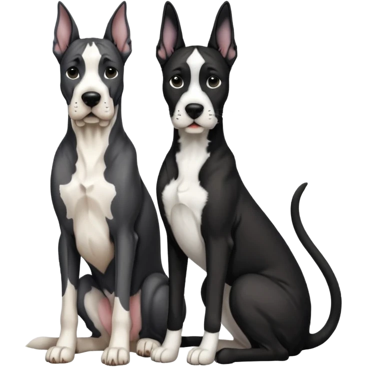 Adult Black and white great dane dog with cropped ears sitting with a small black and white cat emoji