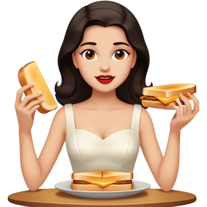 Beautiful woman in 1950’s woman fashion look, white dress, long dark brown hair, grilled cheese sandwiche emoji