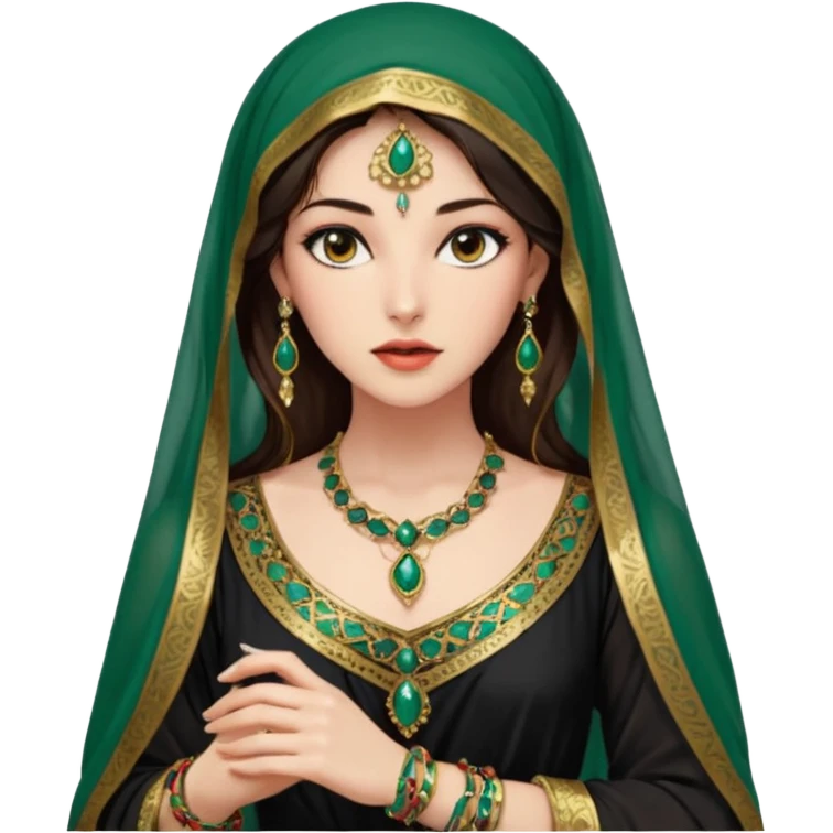Mujer joven, morena, de gran belleza y porte misterioso.
 mirada intensa y fija; labios marcados.
 Negro, largo, suele ir cubierto parcialmente por un velo
 Ropa de inspiración árabe: túnica colorida (rojo, dorado, verde esmeralda), con detalles dorados o lentejuelas; brazaletes y pendientes. emoji