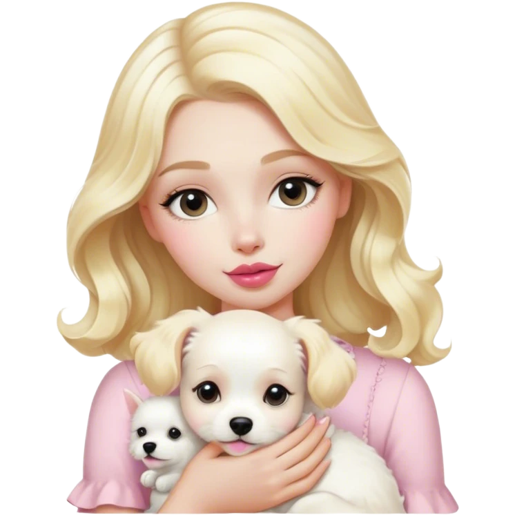 Parisian girl, white skin, blonde hair, natural pink lips, wave hair, holding a white dog emoji