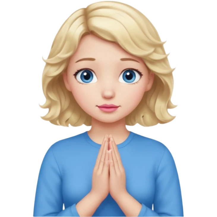 Girl Blonde short wavy hair,  blue eyes, cute blue top, long lashes, pink lips, praying hands emoji