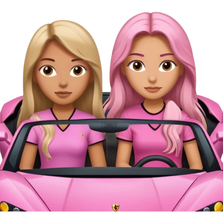 Make car far away so I can see full car Car facing forward in sports car. Make hair long  One girl isFront of car sitting in the seats. Make it a pink sports car. They are two baddies make it a Lamborghini pink car  emoji