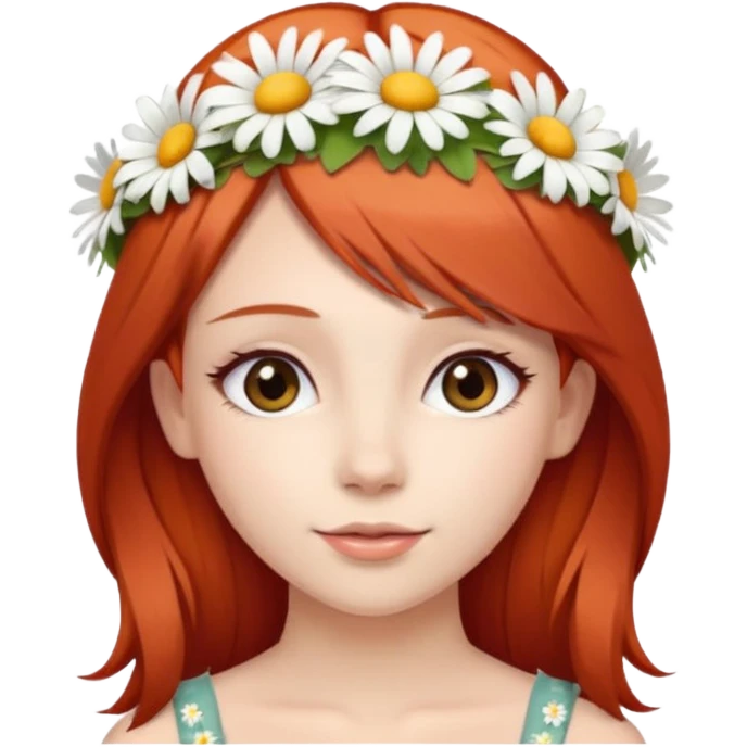 Cute and beautiful woman with straight red hair and a daisy flower crown. emoji