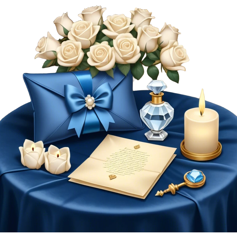 A carefully folded love letter, tied with a silky blue ribbon, sits on a velvet cushion. Beside it stands a tall crystal perfume bottle, exuding the soft scent of white roses. Pearl butterflies hover above the table, as the warm glow of candlelight reflects off the golden wax seal. emoji