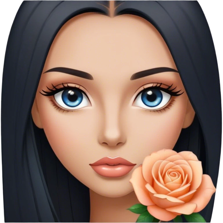 Glamours, tanned, very beautiful girl, with big pump peach-beige-rose lips, long long lashes, black straight smooth silky long hair, straight parting hair, blue-grey eyes emoji