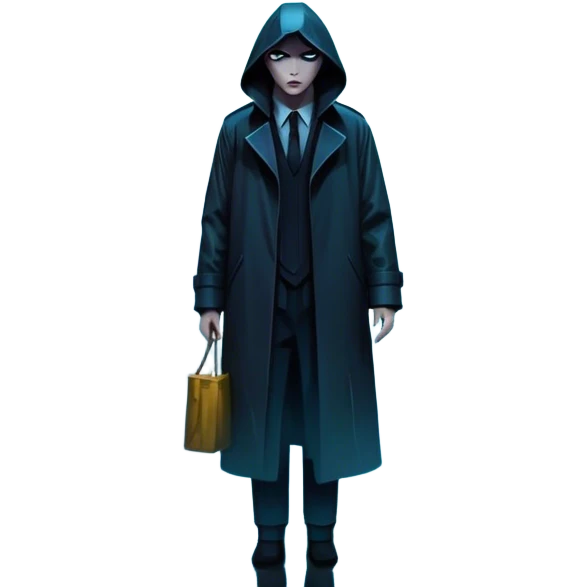 Movie Poster: A tense, gripping design with dramatic lighting. Include a mysterious figure in a dark coat standing in a rain-soaked alley, with glowing neon signs in the background. Shadows loom, and ominous shapes emerge from the mist. Suspenseful and cinematic atmosphere. Transparent background. emoji