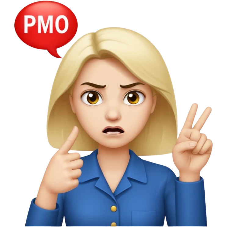 An angry lady with her finger up and the letters “Don’t PMO” in a speech bubble  emoji