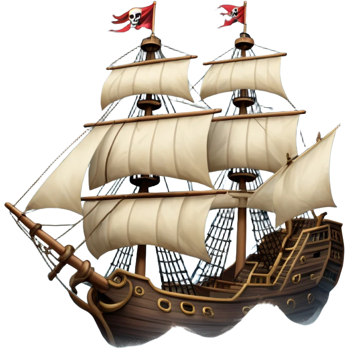 An icon representing an adventure game, inspired by high-seas exploration. The design features a fearless pirate gripping the wheel of a grand sailing ship, its tattered Jolly Roger flag billowing as it cuts through stormy waters. The scene evokes danger, treasure, and the thrill of the open sea. Transparent background. emoji