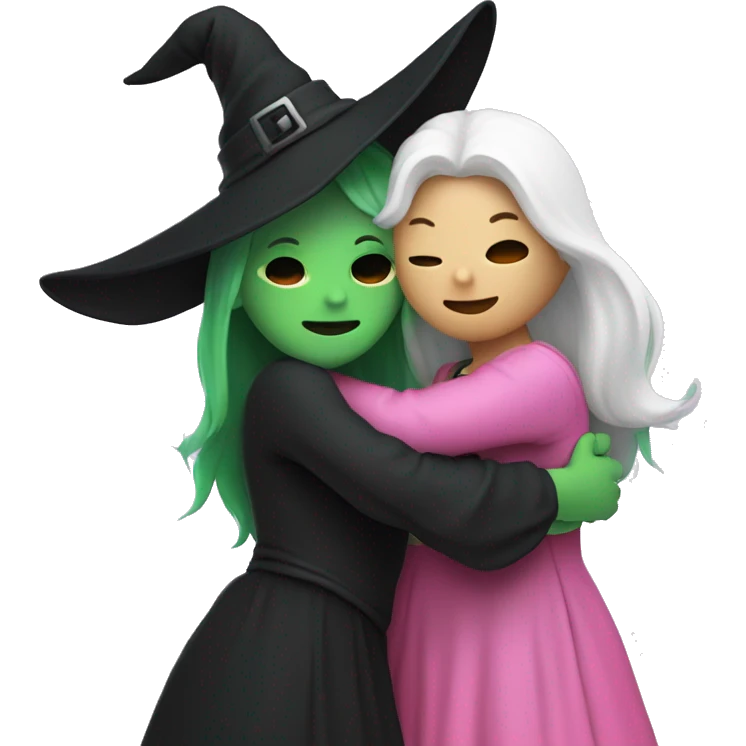 Witch dressed in black with green skin hugging pink dressed white witch emoji