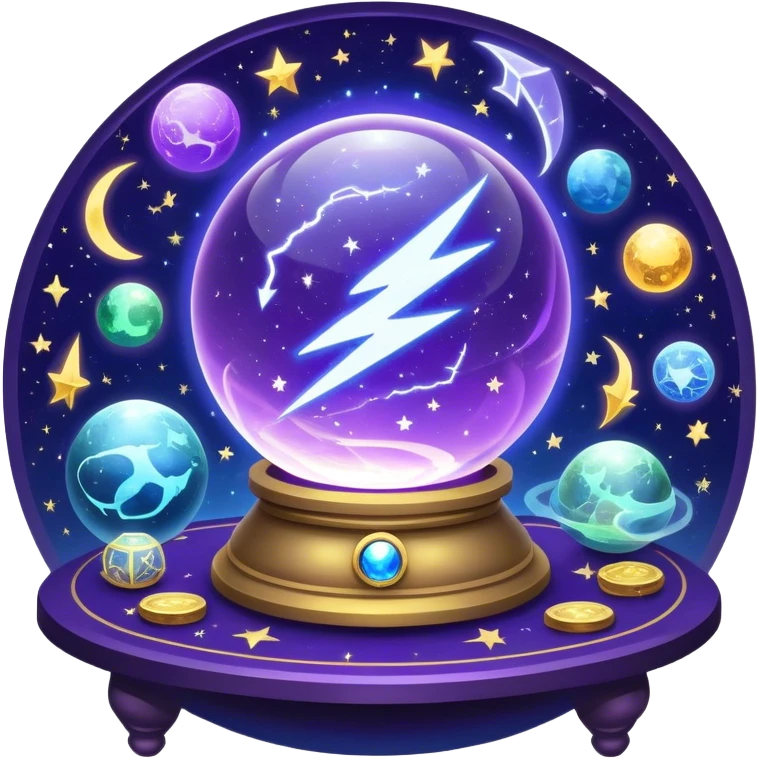 A mystical, glowing crystal ball with swirling sparkles and lightning bolts inside, with tarot cards spread out on the table around the ball, surrounded by zodiac signs and planets floating in space. Use bright purples, blues, and golds to create a magical, mysterious vibe. transparent background.  emoji