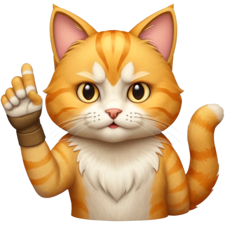 A beautiful yellow tabby with an angry expression holding up the third finger of its left paw emoji