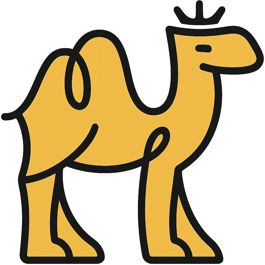Create a camel icon matching the color and style of the second reference image, with a transparent background. The style is lineal color icon with black outlines. emoji