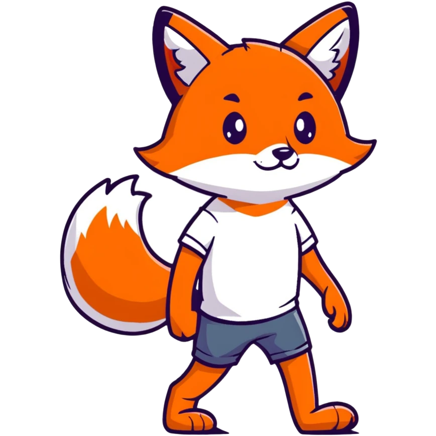 retro 1930s anthropomorphised fox in a t-shirt and shorts walking black and white emoji
