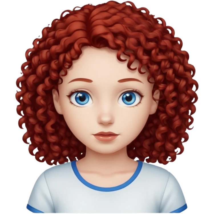 generate a young girl with dark red curly hair, blue eyes. in white top  emoji