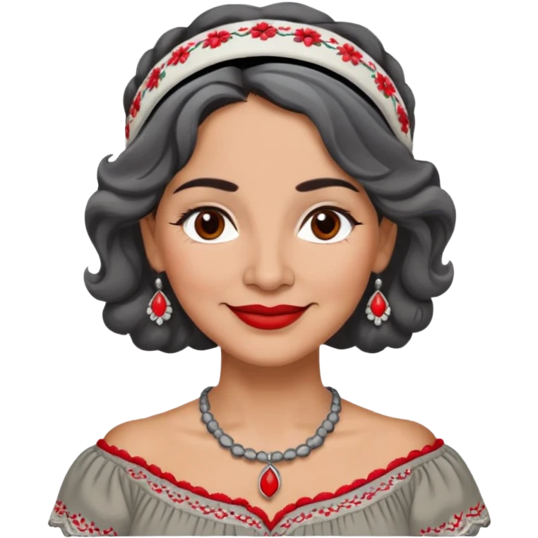 Latina woman, 50 years old, warm light brown skin, round face, wavy black and gray hair, red and white headband, medium eyes, thin eyebrows, kind smile, gray peasant blouse, embroidery, bare shoulders, large dark necklace emoji