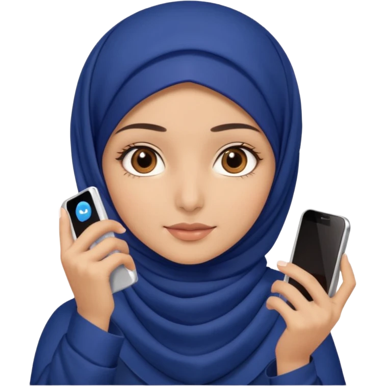Turkish beautiful finish Konya girl brown eyes with indigo hijab islamic dress and had on her hand phone and makes photo emoji