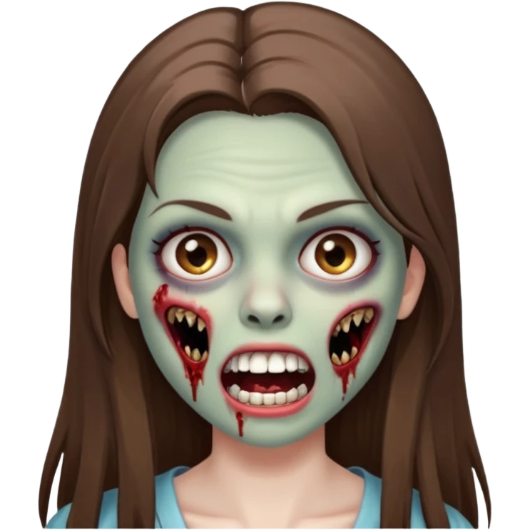 faça uma menina zumbi, ela tem cabelo marrom comprido e bem bem liso, ela nao tem franja. ela usa maquiagem com rimel e ta com a boca aberta emoji