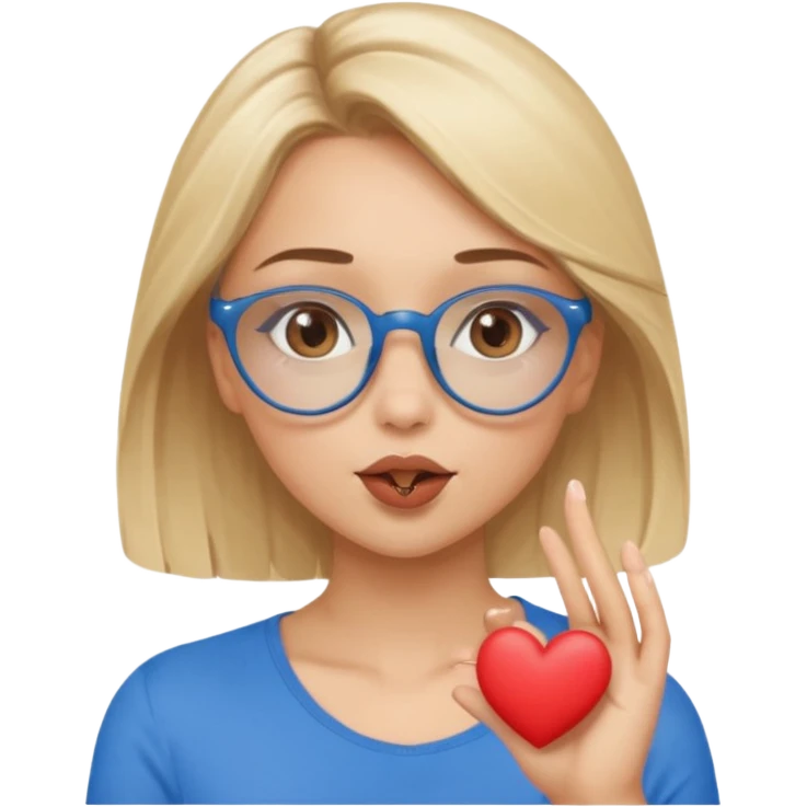Asthectic Blonde women with brown eyes, blue glasses, waering a brown top, blowing a kiss with a small heart around her. emoji
