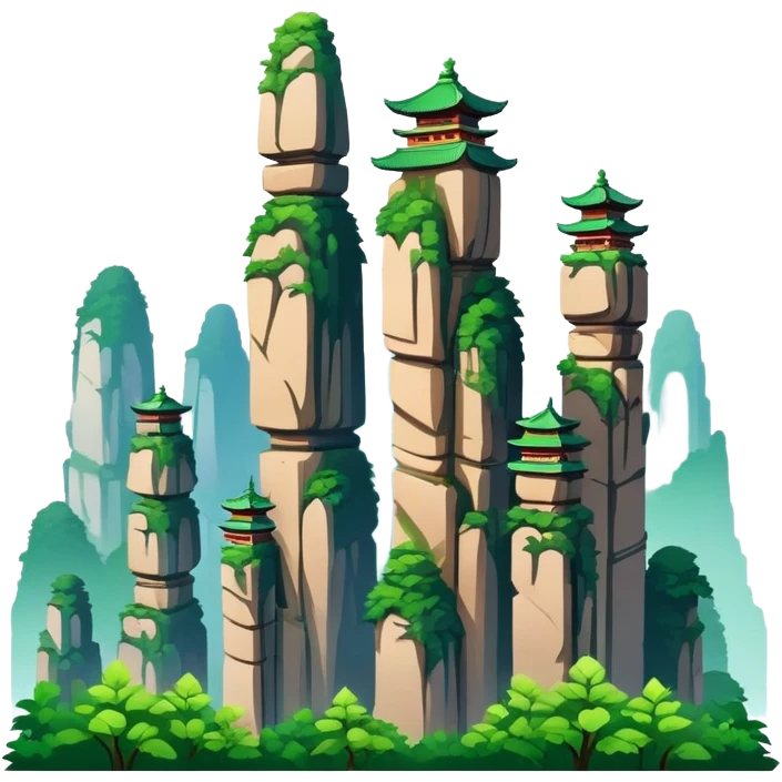 Zhangjiajie Avatar mountains, simplified emoji style with bold outlines and bright colors, cartoon style tall stone pillars with greenery emoji