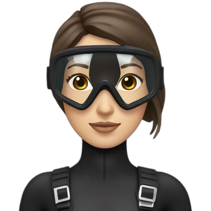 a woman with an a black scubadiver suit. she wear a pink diving mask, she had blue eyes inside the dive mask. brown long and straight hair emoji