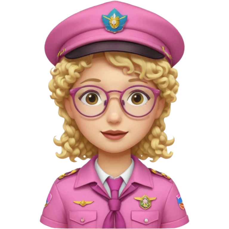 scout girl with pink scout uniform including hat, blonde curly haired and glassess emoji