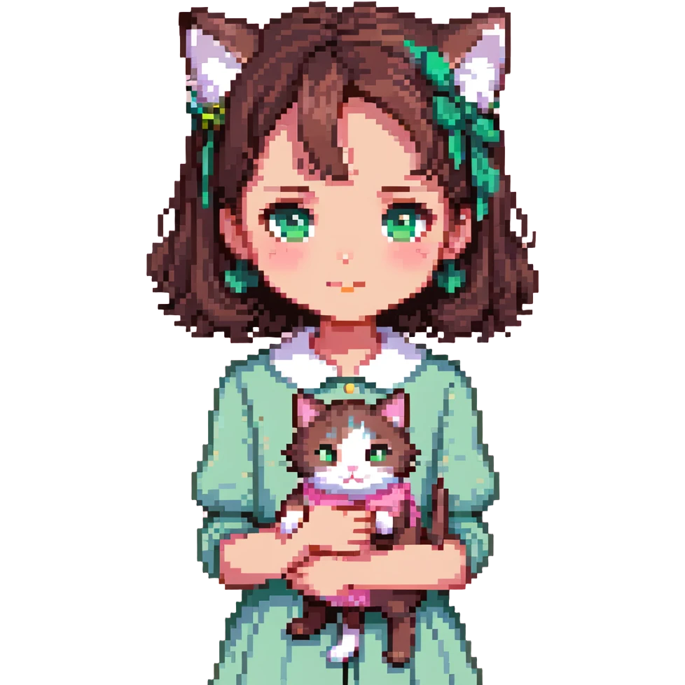 character with dark brown hair clipped back with a hairpin, sweet eyes, pink clothing, holding a cat emoji
