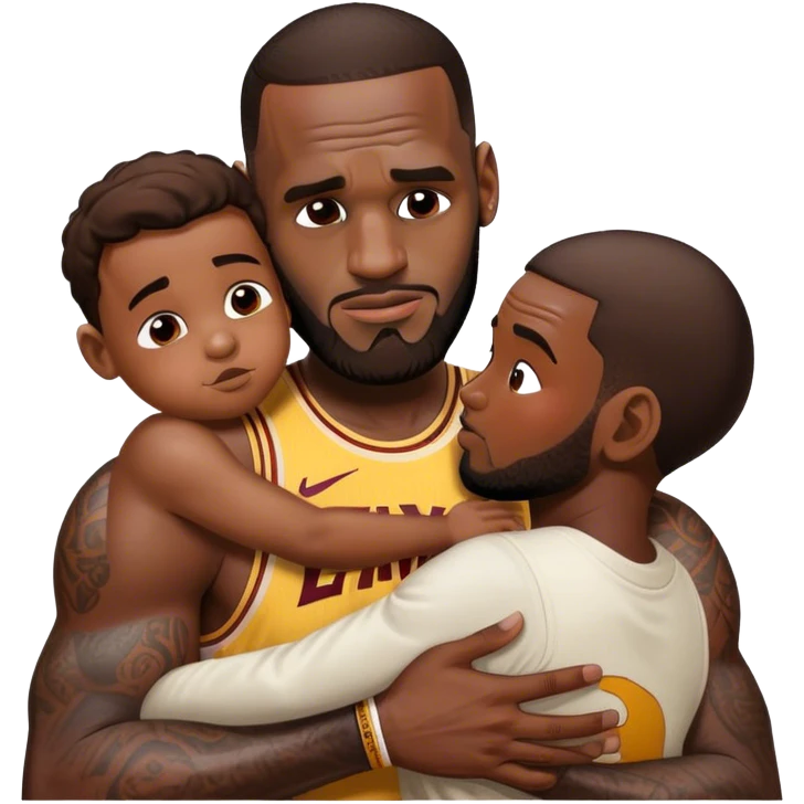 lebron james cradling a boy but he’s smaller than normal and his hands are bigger than the boy’s whole body and he’s whispering “rest now. you’re safe” emoji