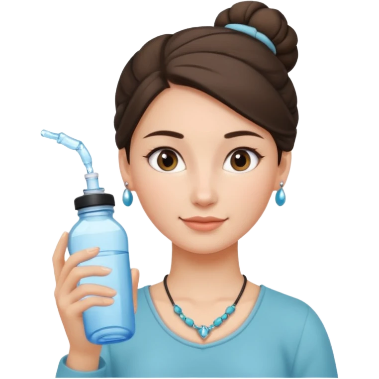 clean girl aesthetic emoji, holding a water bottle, fresh face, tidy bun, simple jewelry, pastel background emoji