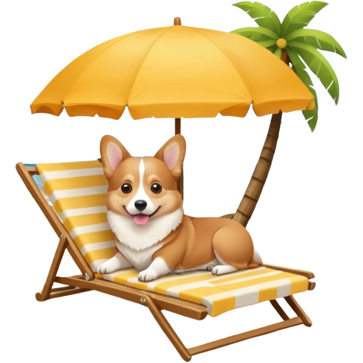 a corgi dog laied on a beach chair, a sunny beach, a sun umbrella, and beach coconut trees. the icon should capture the essence of a relaxing beach vacation with a carefree atmosphere emoji