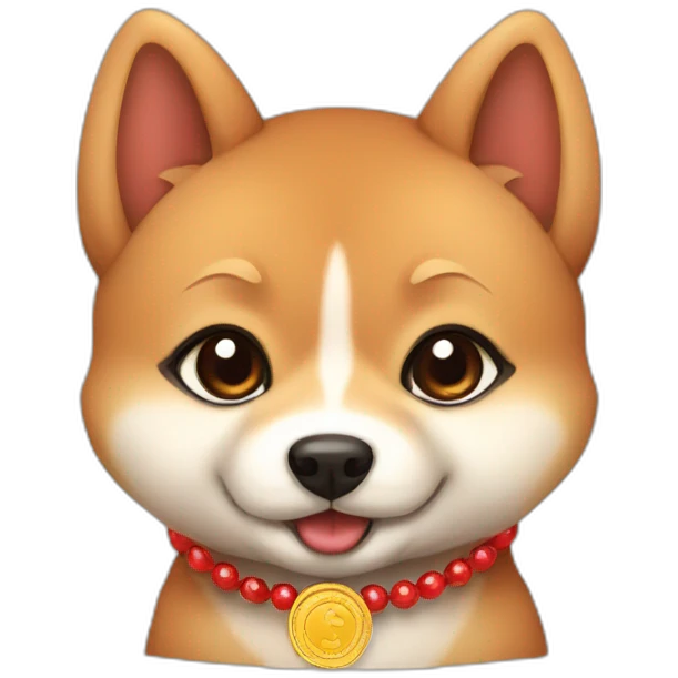 Baby shiba inu cartoon with red Necklaces coin red colour of background emoji