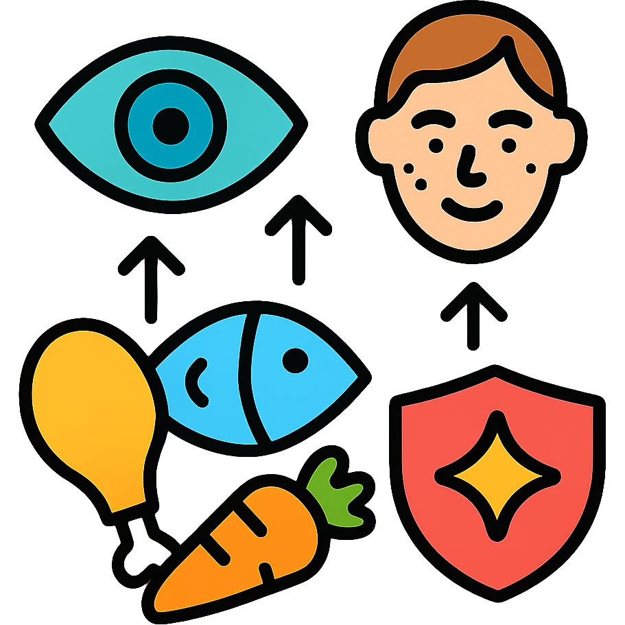 Food sources of Vitamin A: chicken, fish, and carrots with arrows pointing to healthy eye, skin and immune system emoji