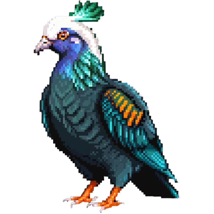 Nicobar pigeon with metallic blue-green feathers, orange beak, and white tail emoji