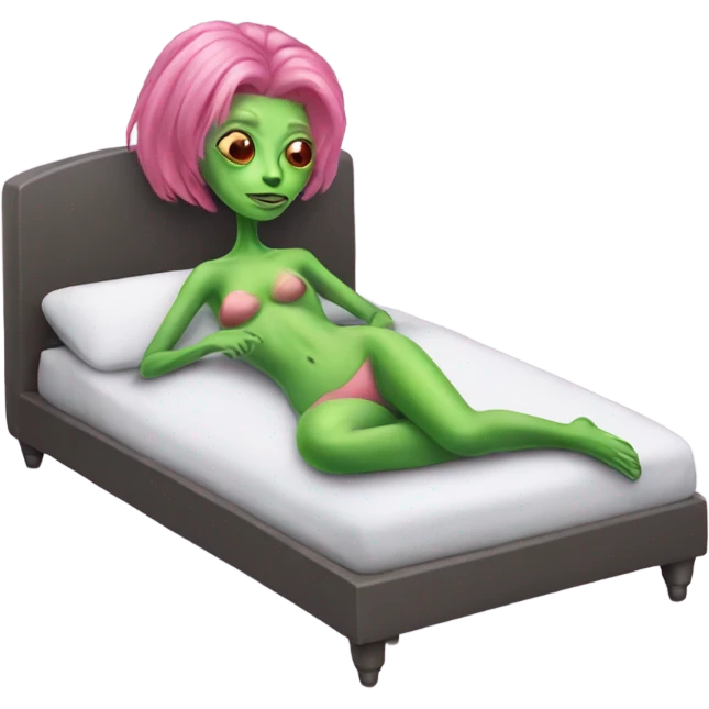 a green alien woman pink hair, laying on the bed emoji