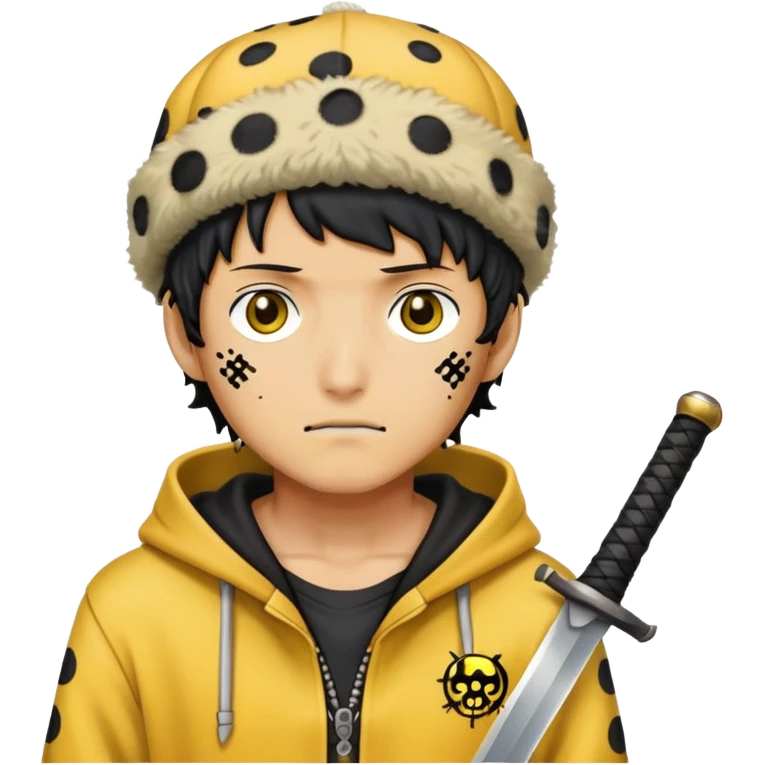 Trafalgar Law with spotted hat, yellow hoodie, nodachi sword emoji