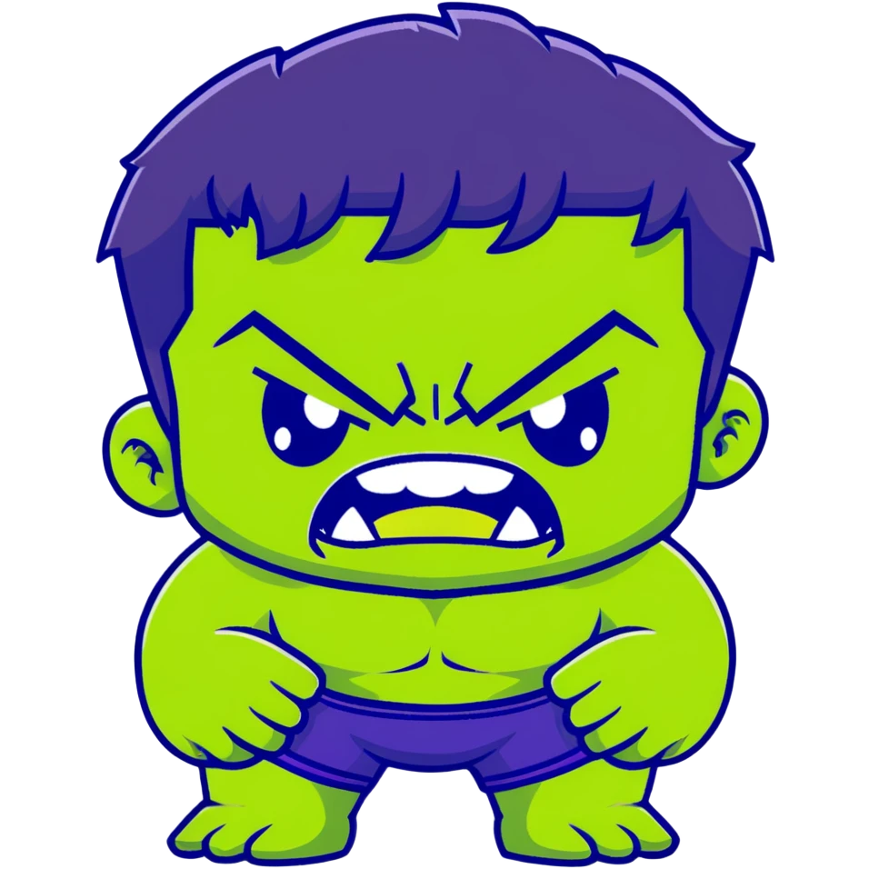 Chibi Hulk, cute small proportions, big head, tiny body, adorable angry expression, green skin, purple shorts emoji