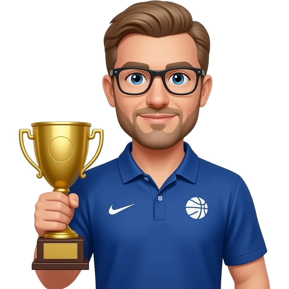 Athletic basketball coach light brown hair and with goatee holding a trophy emoji