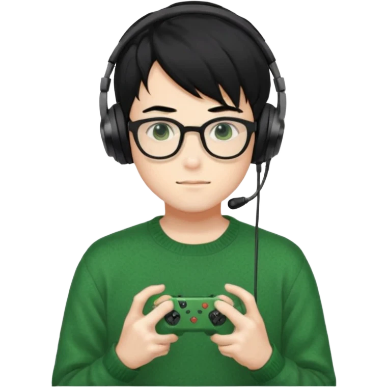 
gamer, Gorgeous green sweater black hair anime style shojo guy glasses, headphone, gamepad emoji