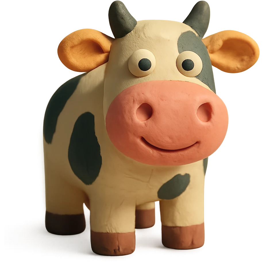 claymation style cow with a friendly face and pink nose emoji