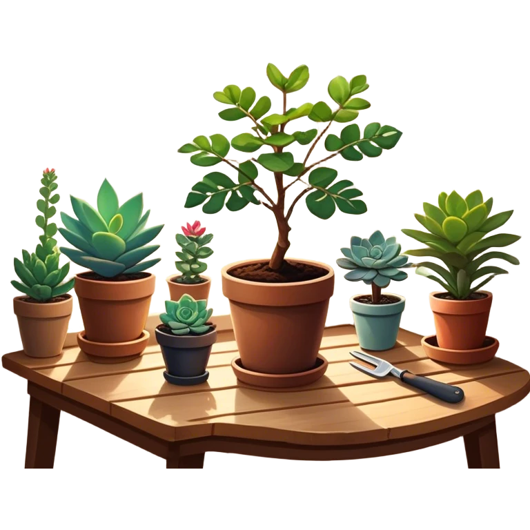 Close-up of a potted sapling in rich soil surrounded by vibrant plants and succulents. Bright sunlight filters through the window, casting soft shadows. Nearby gardening tools rest on a wooden table. Cozy indoor atmosphere with greenery and flowers. emoji