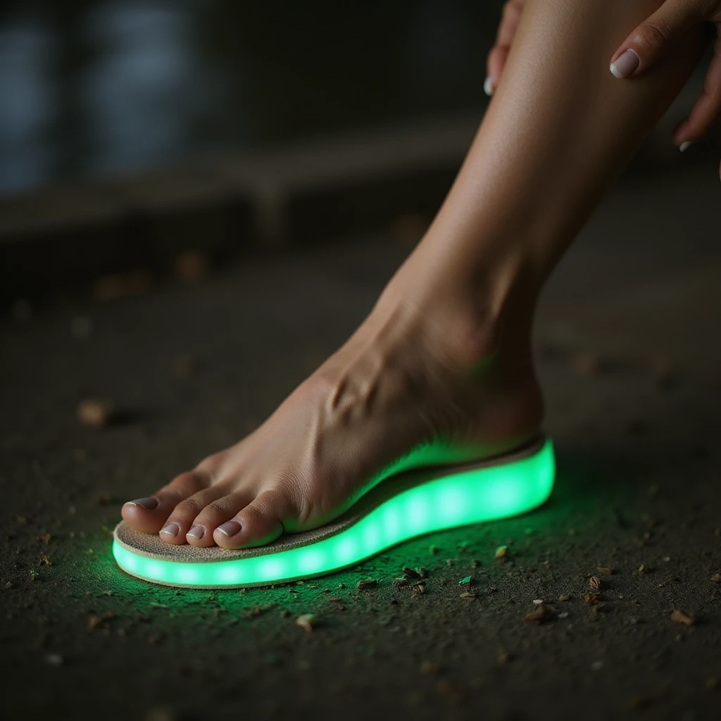 realistic style woman in relaxed position, orthopedic insole in shoe, foot with glowing green halo, satisfied smile, natural environment emoji