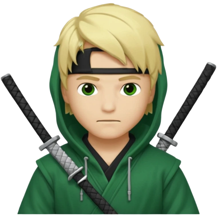 Green ninja Lloyd garmadon blonde hair, kaptur hoody on his head but blonde grzywka visible; the bottom left one is best (the one without miecze + black band + no mask of face) but add miecz emoji