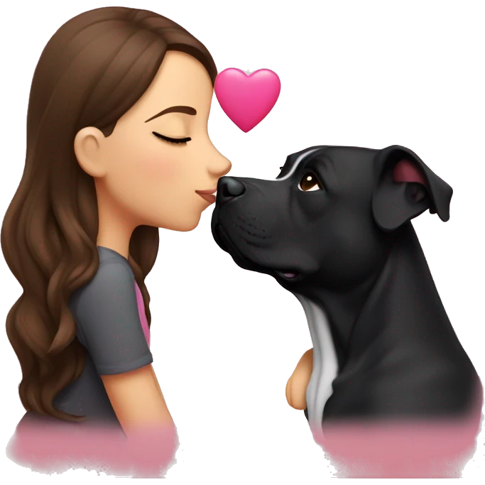 Brunette kissing big black pitbull dog, pink hearts emoji