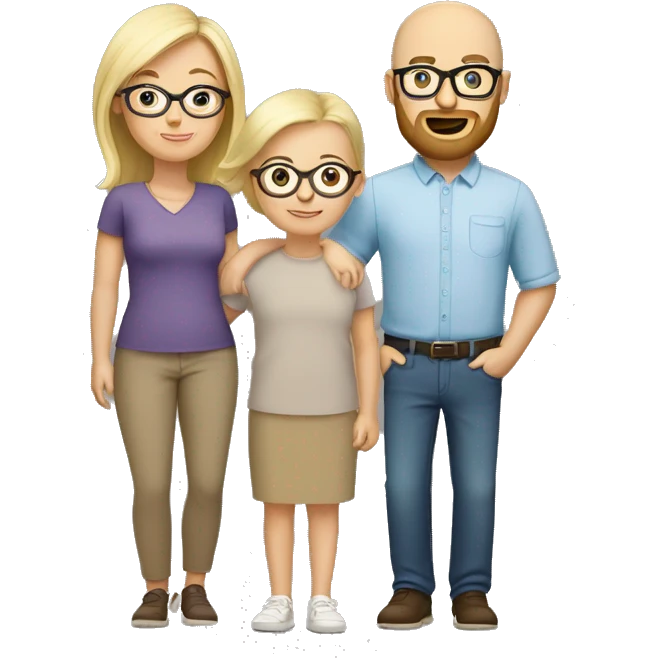 White family of four. Brown haired mom with glasses, shaved head dad with beard. Blonde older boy. Blonde baby girl.  emoji