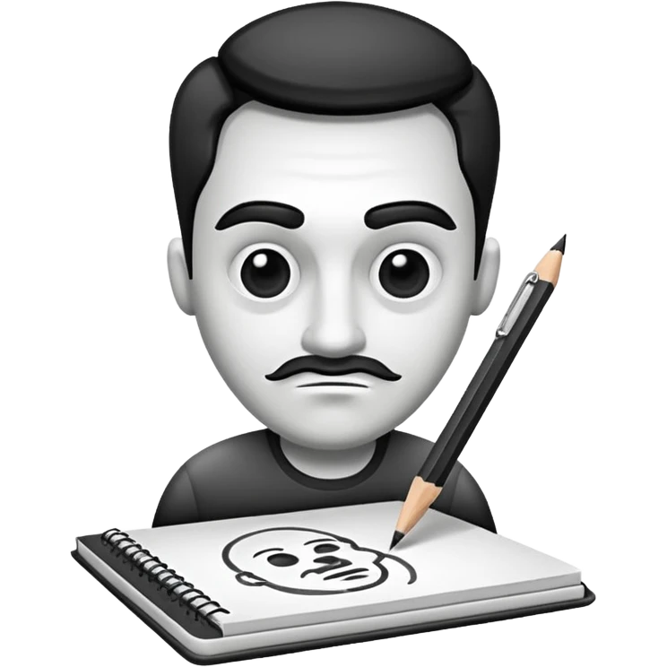 Create an icon representing the process of creating a black-and-white caricature. Include a pencil, a sketchpad with a humorous, exaggerated figure, and inking tools. Use bold lines and shading, with a transparent background. emoji