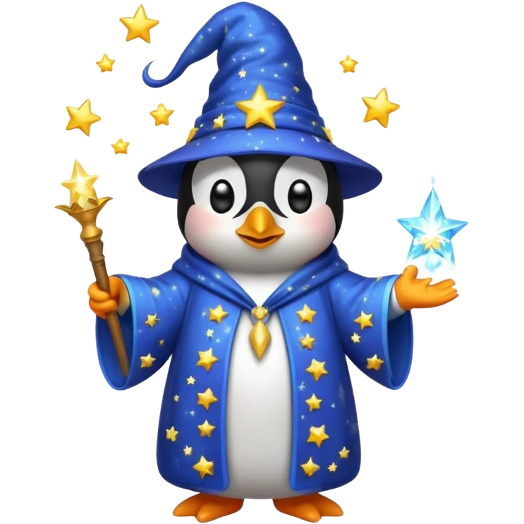 penguin wizard casting a sparkling spell wearing a starry robe and hat, emoji style emoji