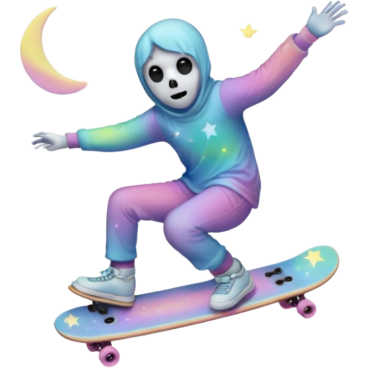 ghost skateboarding under a pastel moon and stars emoji