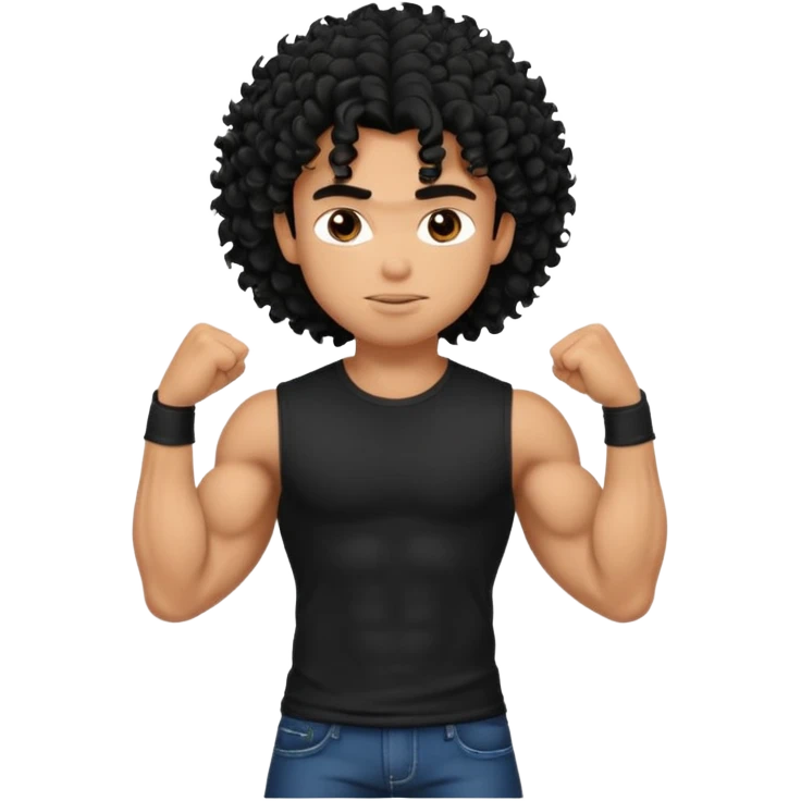 a pretty bratz guy with curly black hair with big muscles and shaggy hair in a tight black tee emoji
